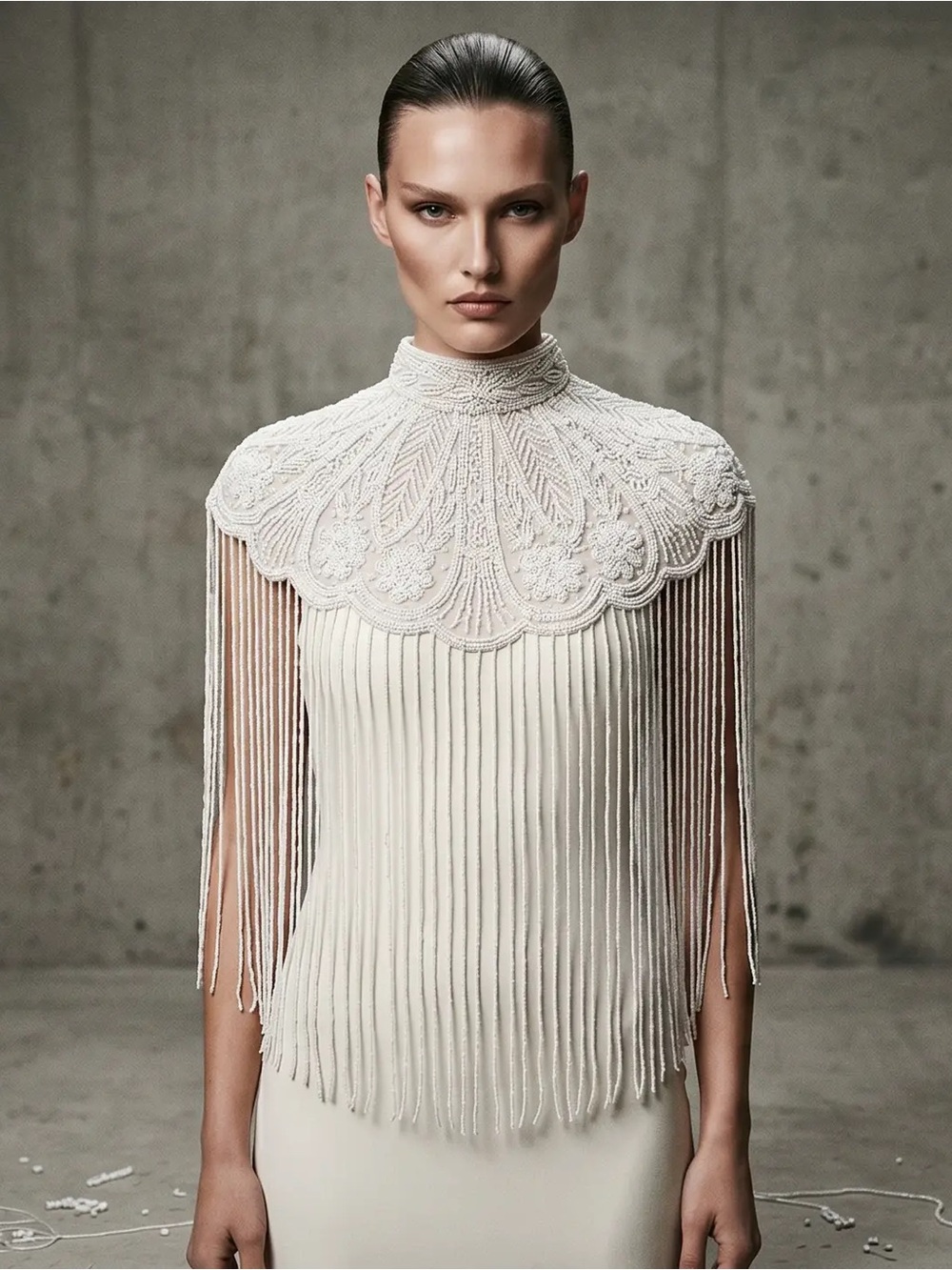 High-Neck Ivory Fringe Embellished Women's cape